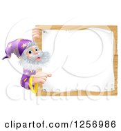 Clipart Of A Senior Wizard Pointing Around A Posted Notice Sign On Wood Royalty Free Vector Illustration