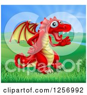 Clipart Of A Friendly Red Dragon Waving In A Valley Royalty Free Vector Illustration