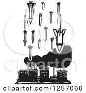 Poster, Art Print Of Black And White Woodcut Factory Being Bombed With Missiles