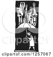 Clipart Of Black And White Woodcut War Missiles Raining Down A Civilian With An Umbrella Royalty Free Vector Illustration by xunantunich