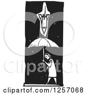 Clipart Of A Black And White Woodcut War Missile Raining Down On A Civilian With Umbrellas Royalty Free Vector Illustration