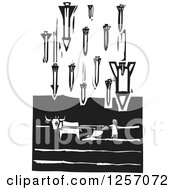 Clipart Of A Black And White Woodcut Plowing Farmer Being Bombed With Missiles Royalty Free Vector Illustration