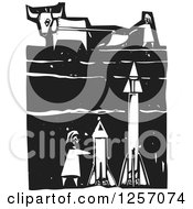 Clipart Of A Black And White Woodcut Plowing Farmer And Cow With Missiles Underground Royalty Free Vector Illustration by xunantunich