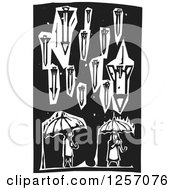 Black And White Woodcut War Missiles Raining Down On Civilians With Umbrellas