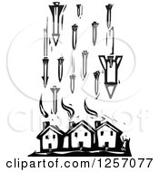 Poster, Art Print Of Black And White Woodcut Civilian And Missiles Bombing Houses