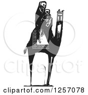 Black And White Woodcut Death Skeleton Drinking Wine On A Camel