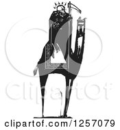 Black And White Woodcut Grim Reaper Skeleton Holding A Scythe On A Camel