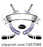 Clipart Of A Blue Laurel Wreath With A Puck And Blank Banner Over Crossed Hockey Sticks Royalty Free Vector Illustration