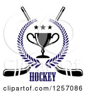 Blue Laurel Wreath With A Trophy And Stars Over Crossed Hockey Sticks And Text