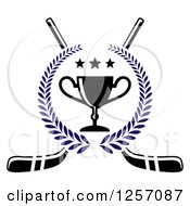 Clipart Of A Blue Laurel Wreath With A Trophy And Stars Over Crossed Hockey Sticks Royalty Free Vector Illustration