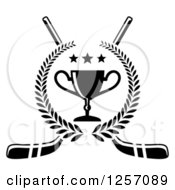 Clipart Of A Black And White Laurel Wreath With A Trophy And Stars Over Crossed Hockey Sticks Royalty Free Vector Illustration