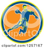 Poster, Art Print Of Retro Woodcut Handball Player Jumping Over A Yellow Blue White And Orange Circle