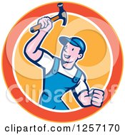 Poster, Art Print Of Cartoon Handyman Or Carpenter With A Hammer In A Yellow Orange And White Circle