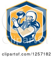 Clipart Of A Retro Male American Football Player Throwing In A Yellow Blue And White Shield Royalty Free Vector Illustration