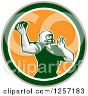 Poster, Art Print Of Retro Male American Football Player Throwing In A Yellow White Tan And Green Circle