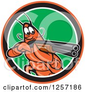 Clipart Of A Cartoon Crayfish Aiming A Shotgun In A Green White Black And Orange Circle Royalty Free Vector Illustration