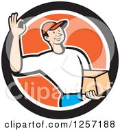 Delivery Man Gesturing Ok And Carrying A Parcel In An Orange White And Black Circle