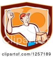Clipart Of A Delivery Man Gesturing Ok And Carrying A Parcel In An Orange Marroon And White Shield Royalty Free Vector Illustration