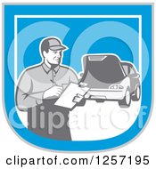 Retro Male Mechanic With A Clipboard And Car In A Blue White And Gray Shield