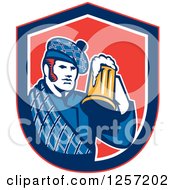 Retro Scotsman In A Tartan Holding A Beer In A Blue White And Red Shield