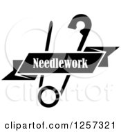 Clipart Of A Black And White Safety Pin With A Ribbon Needlework Banner Royalty Free Vector Illustration