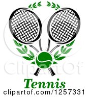 Poster, Art Print Of Green Tennis Ball And Laurel Wreath With Crossed Black And White Rackets Over Text