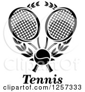 Poster, Art Print Of Black And White Tennis Ball And Laurel Wreath With Crossed Rackets And Text