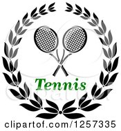 Poster, Art Print Of Black And White Laurel Wreath With Crossed Tennis Rackets And Green Text