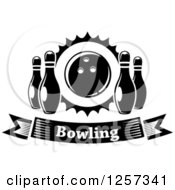 Clipart Of A Black And White Bowling Banner With Pins And A Ball Royalty Free Vector Illustration