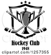 Clipart Of A Black And White Trophy Cup Over Crossed Hockey Sticks A Shield And Stars With Text Royalty Free Vector Illustration
