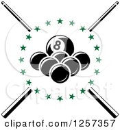 Poster, Art Print Of Billiards Balls In A Circle Of Green Stars Over Crossed Cue Sticks