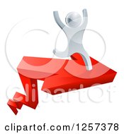 Poster, Art Print Of 3d Successful Silver Man Cheering And Running On A Red Arrow