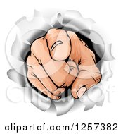 Clipart Of A Caucasian Hand Breaking Through A Wall And Pointing Outwards Royalty Free Vector Illustration