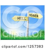 3d Heaven Or Hell Arrow Signs Over Grassy Hills And A Sunrise