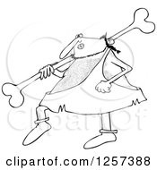 Clipart Of A Black And White Hairy Caveman Walking And Carrying A Large Bone Over His Shoulder Royalty Free Vector Illustration