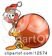 Clipart Picture Of A Sink Plunger Mascot Cartoon Character Wearing A Santa Hat Standing With A Christmas Bauble by Toons4Biz