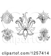 Clipart Of Black And White Henna Lotus Flowers Royalty Free Vector Illustration
