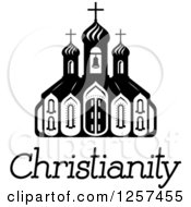 Clipart Of A Black And White Church Building With Christianity Text Royalty Free Vector Illustration