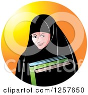 Poster, Art Print Of Happy Muslim Girl Carrying Books Over An Orange Circle