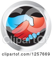 Poster, Art Print Of Blue And Red Hands Shaking In A Silver And Black Circle Icon