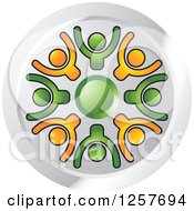 Clipart Of A Circle Of Green And Orange Cheering People On A Chrome Icon Royalty Free Vector Illustration