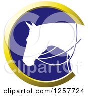 Poster, Art Print Of White Silhouetted Horse With Reins In A Gold And Blue Circle