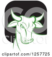 Clipart Of A Green Adn White Bull Over A Black Square Royalty Free Vector Illustration