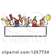 Diverse Group Of Stick Children Over A Blank Party Banner Sign