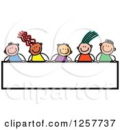 Clipart Of A Diverse Group Of Stick Children Over A Blank Banner Sign Royalty Free Vector Illustration