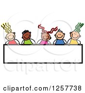 Poster, Art Print Of Diverse Group Of Stick Children Over A Blank Banner Sign