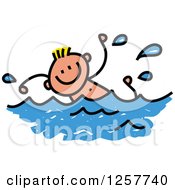 Happy Blond White Stick Boy Swimming