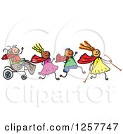 Diverse Group Of Disabled Stick Children Running And Playing