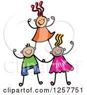 Diverse Group Of Cheering Stick Children Forming A Pyramid