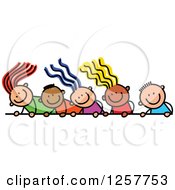 Diverse Group Of Stick Children Looking Down Over A Sign